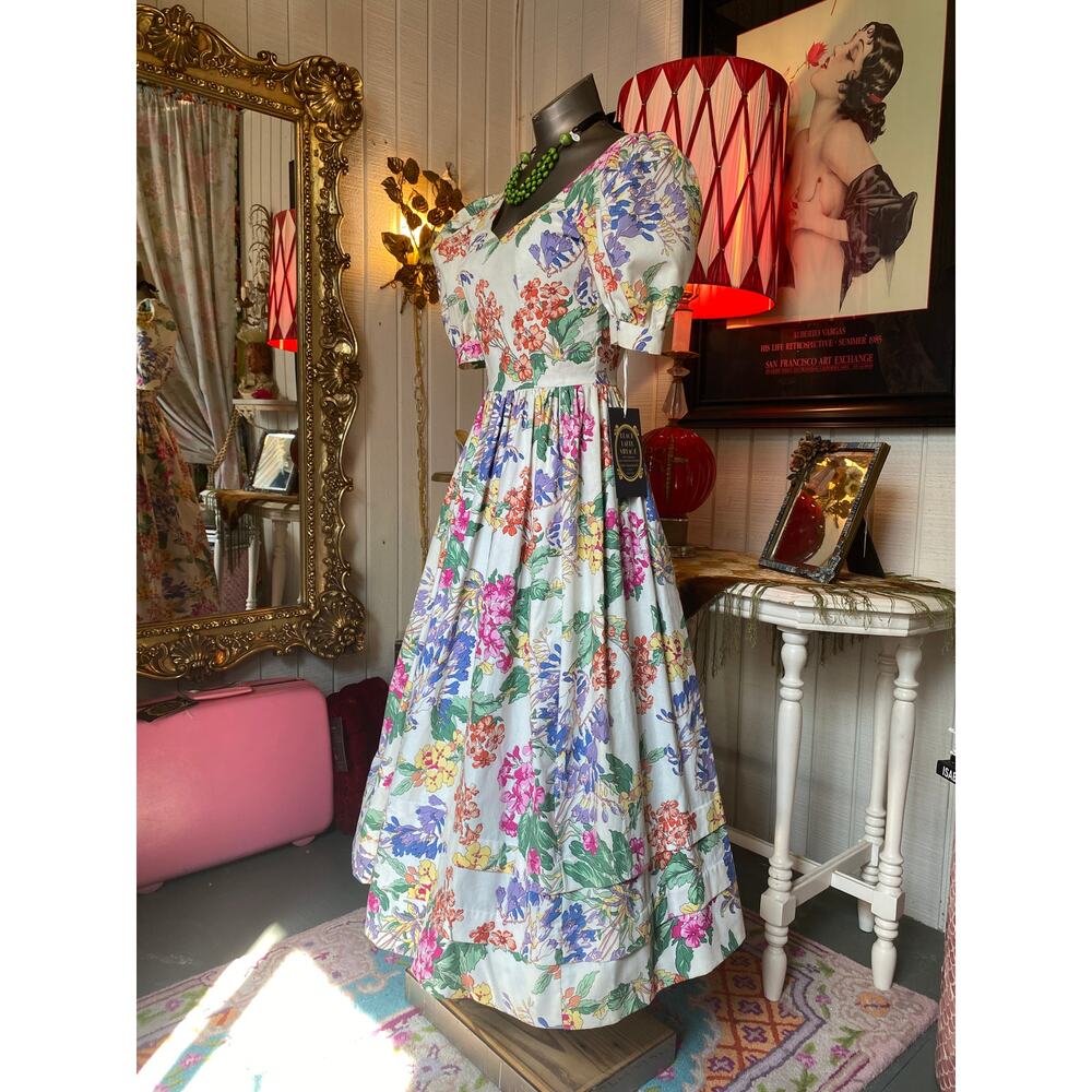 vintage 1980s laura ashley floral cotton dress fit and flare puff sleeves 50s xs - Picture 8 of 11